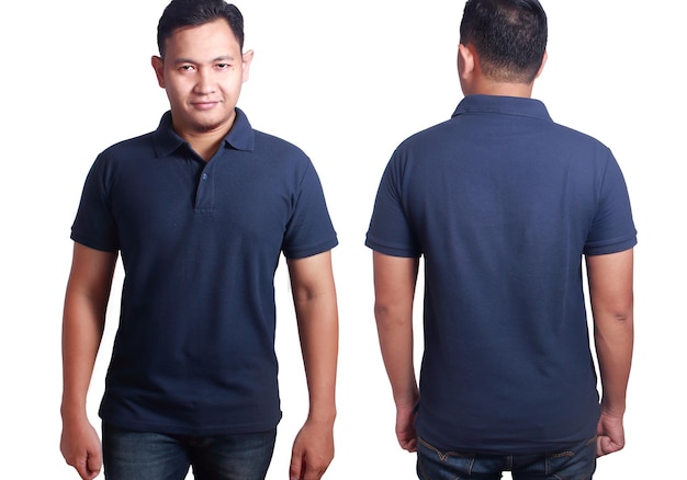 Photo blank polo shirt mock up front and back view isolated on white male model wear dark blue tshirt