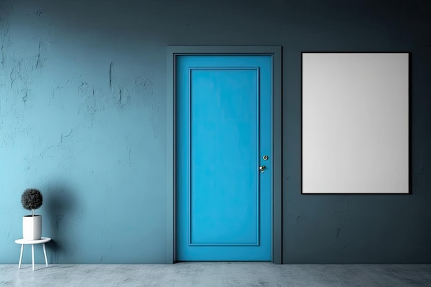 A blank poster and a blue door in an empty room Concept for a presentation