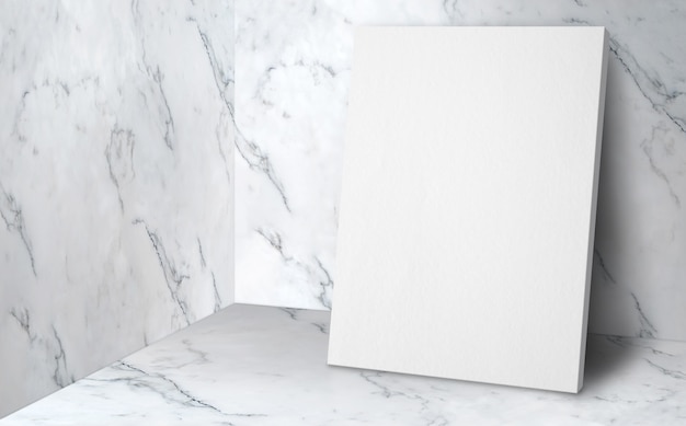 Blank poster at corner studio room with marble wall and floor background