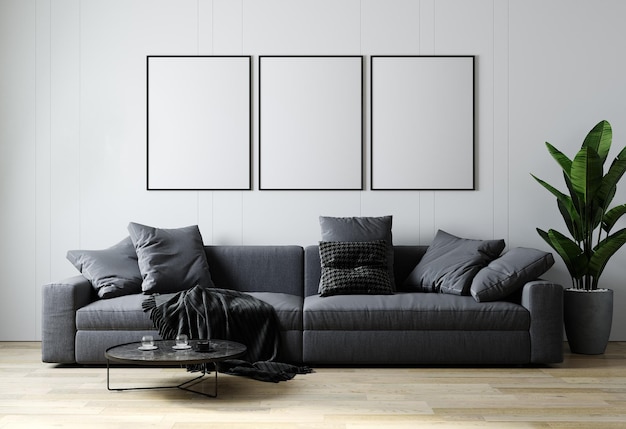 Blank poster frame mock up in Scandinavische stijl woonkamer interieur moderne woonkamer interieur achtergrond grijze bank en plant 3d rendering