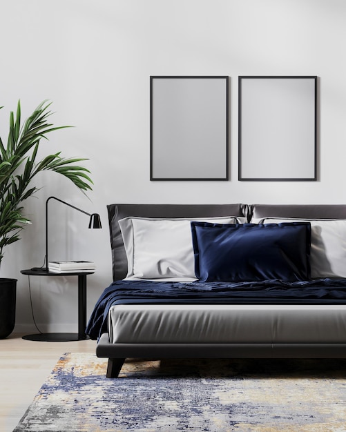 Blank poster frame mock up in modern bedroom interior for mock up, 3d illustration