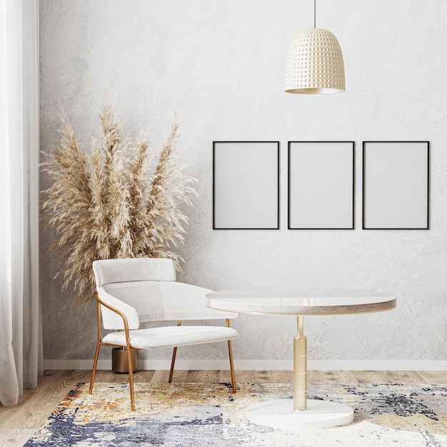 Blank poster frame mockup in bright room with luxury round dinning table