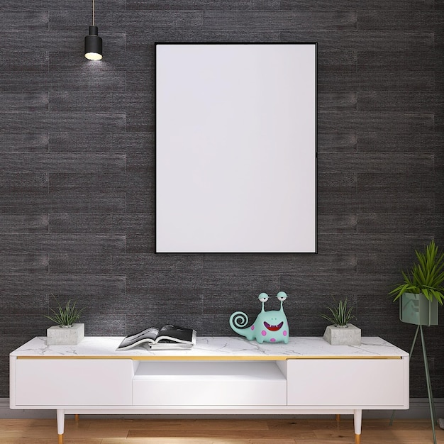 Blank Poster Frame Mockup in Modern Living Room Interior Design with Media Unit Wood Background