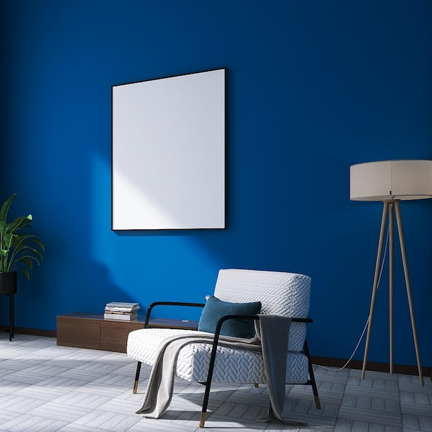 Blank poster frame mockup in modern living room interior design with sofa floor lamp blue wall