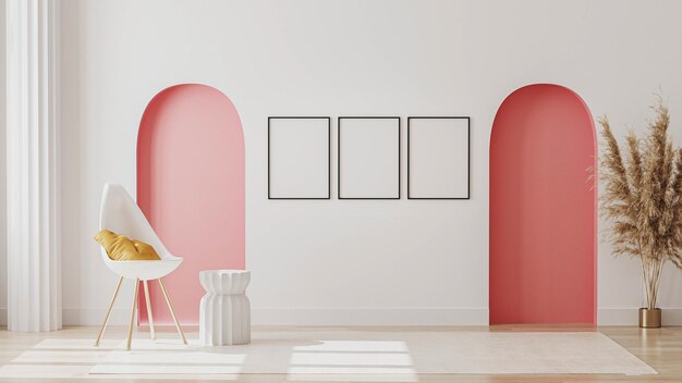 Blank poster frame mockup on wall in modern living room interior with decorative pastel pink arches column chair with pillow 3d renderingxA