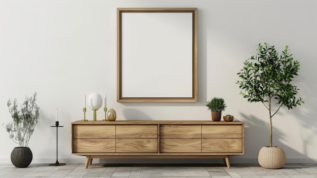 blank poster frame mockup on white wall living room with wooden sideboard with small green plant