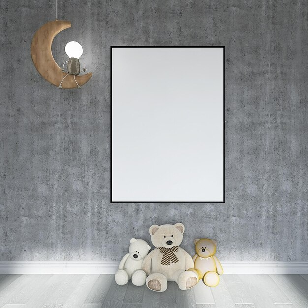 Blank Poster Frame Mockup with Teddy Bears and Concrete Background