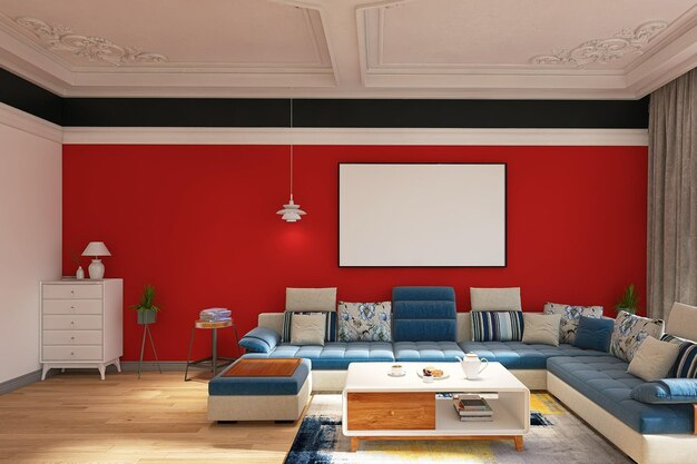 Blank Poster Frame in Modern Living Room Interior with Sofa Ceiling Lights Coffee Table