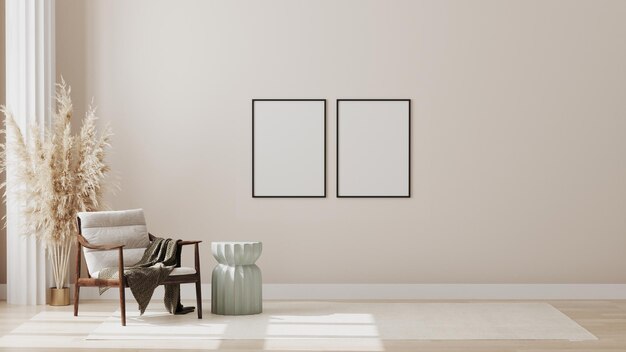 Blank poster frame op de muur in minimalistische moderne woonkamer interieur achtergrond woonkamer mock-up in Scandinavische stijl 3D rendering xA