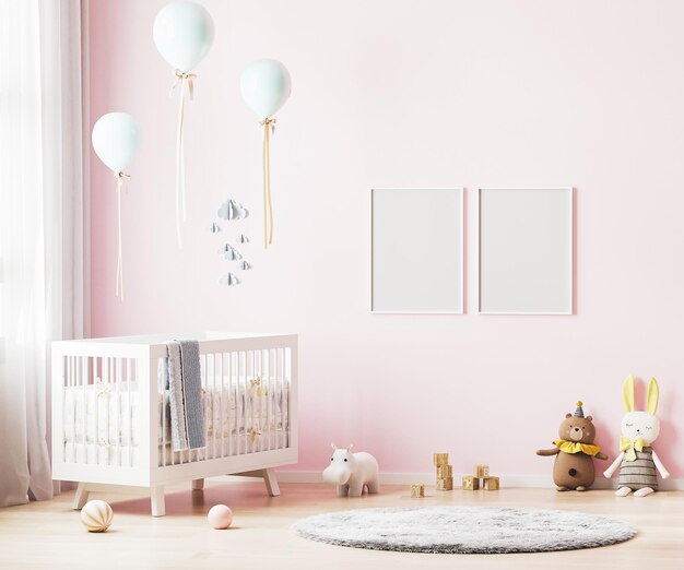 Blank poster frames mock up op roze muur in de kinderkamer interieur achtergrond met baby beddengoed zacht speelgoed ballonnen 3d rendering