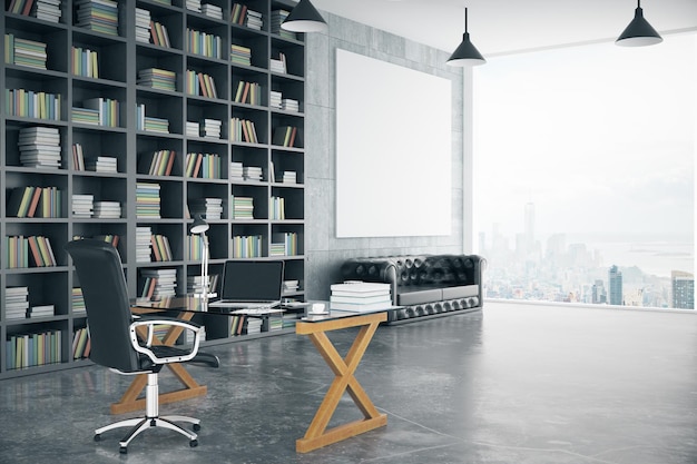 Blank poster in loft private office with book case leather sofa glassy table and big window mock up 3D render