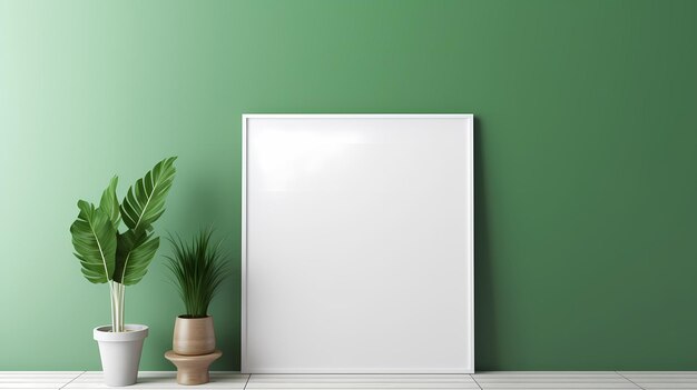 Photo blank poster mockup in green wall background minimalist green wall interior