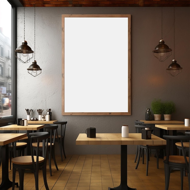 Photo blank poster mockup in a restaurant