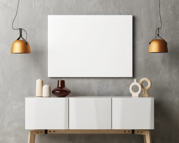 Photo blank poster with chest drawer and home decoration