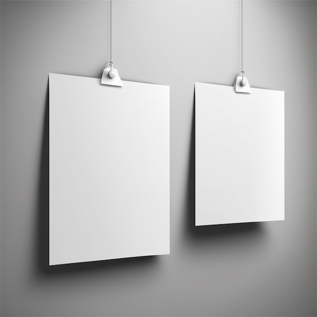 Blank posters hanging with shadows, Hanging white paper on binders, A4 , mockup, sheet on wall