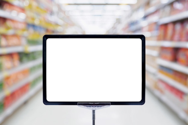 Blank price board sign with supermarket aisle