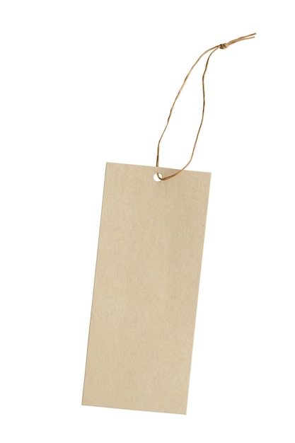 Foto etichetta del prezzo vuota legata con una corda isolata su sfondo bianco