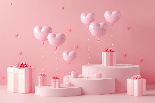 Foto prodotti in bianco esposizione podio valentine scatole regalo forma cuore palloncini