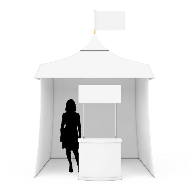 Blank Promotion Stand with Woman Silhouette near Promotional Advertising Outdoor Event Tent with Flag on a white background. 3d Rendering