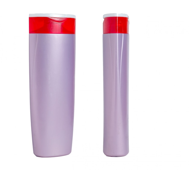 Blank purple plastic isolated bottle. Packaging for shampoo, cosmetic. Front and side view.