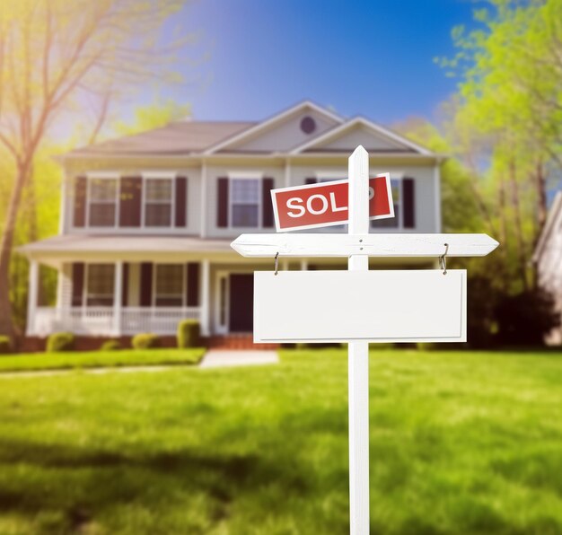 Photo blank real estate sign in front of new house