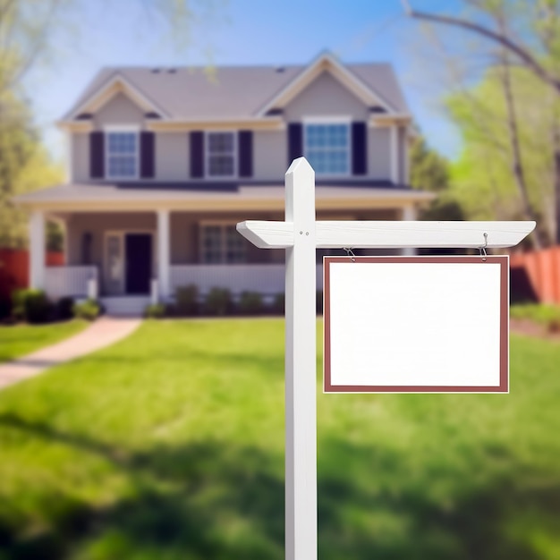 Photo blank real estate sign in front of new house