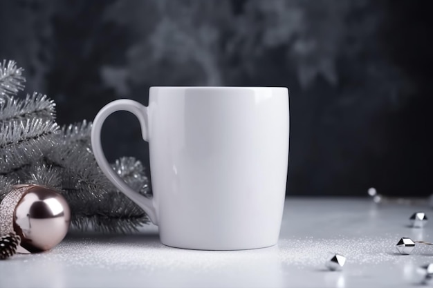 Blank realistic cup on the table bokeh light in background Mockup of coffee paper cup generative A