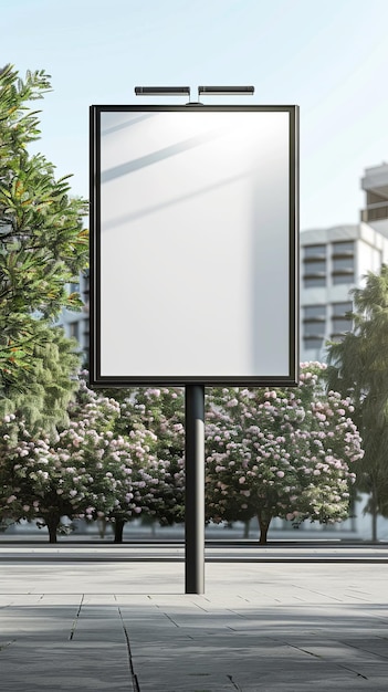 Blank reclame billboard mockup in stedelijke stadsstraat met bomen en gebouwen