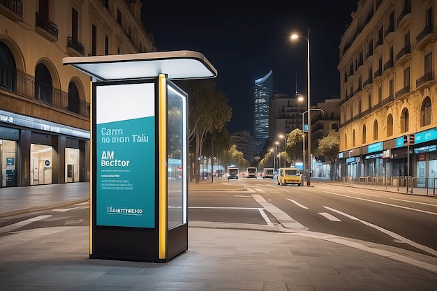 Blank reclame lichtbox op bushalte mockup van lege advertentie billboard op nacht busstation
