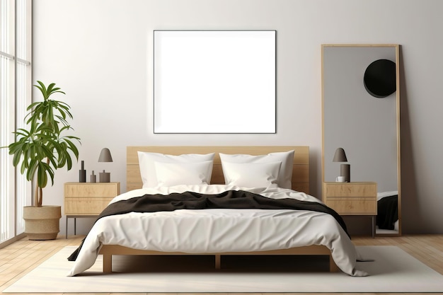 Blank rectangular mock up frame with black bezels on a modern bedroom