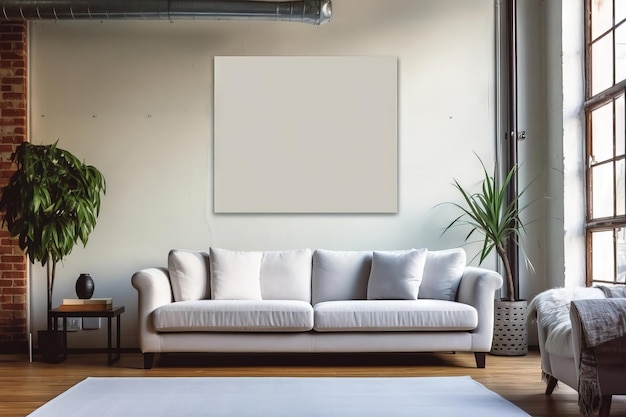 Photo blank rectangular mockup frame on a modern living room