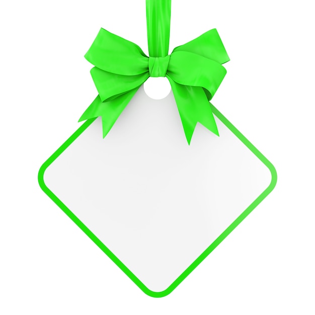 白い背景の上の緑のリボンと弓と空白の長方形の販売タグ。 3dレンダリング