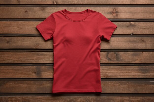 Photo blank red apparel girl front site mockup on wooden background