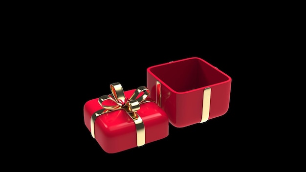 Photo blank red gift box open or top view preset box with golden ribbon bow 3d render illustration