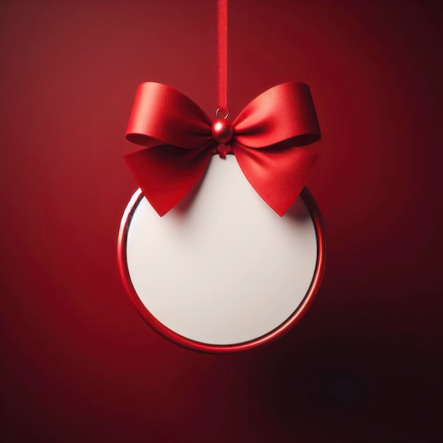 Blank red round sign hanging with red ribbon and bow isolated on dark red background ai generative