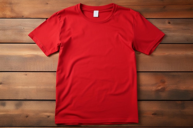 Photo a blank red tshirt on a wooden table