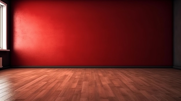 Blank red wall in an empty room with a wooden floor front view