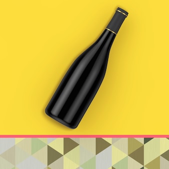 Bottiglia di vino rosso vuota con spazio libero per il tuo design su sfondo giallo. rendering 3d