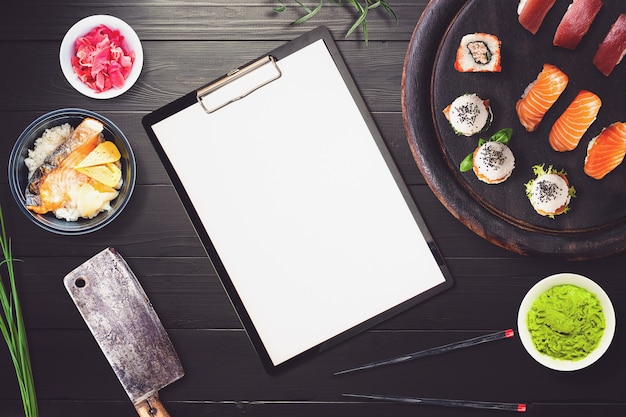 Photo blank restaurant menu in a sushi bar scene