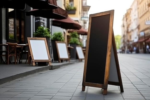 Foto segno vuoto del ristorante o schede di menu vicino all'ingresso del ristorante menu del caffè in strada segno di scheda davanti a un ristorante scheda indipendente scheda nera aframe generata dall'ai