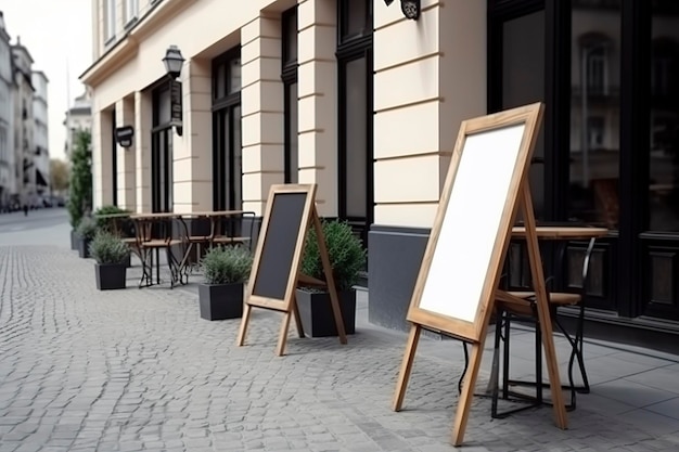 Blank restaurant shop sign or menu boards near the entrance to restaurant Cafe menu on the street Blackboard sign in front of a restaurant Signboard freestanding Aframe blackboard AI generated