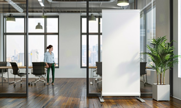 Blank roll up banner stand mock up in een modern kantoor