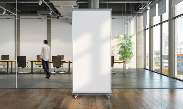 Foto blank roll up banner stand mock up in een modern kantoor