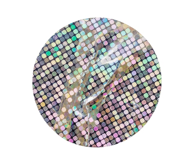 Blank round adhesive holographic foil sticker label isolated on white background