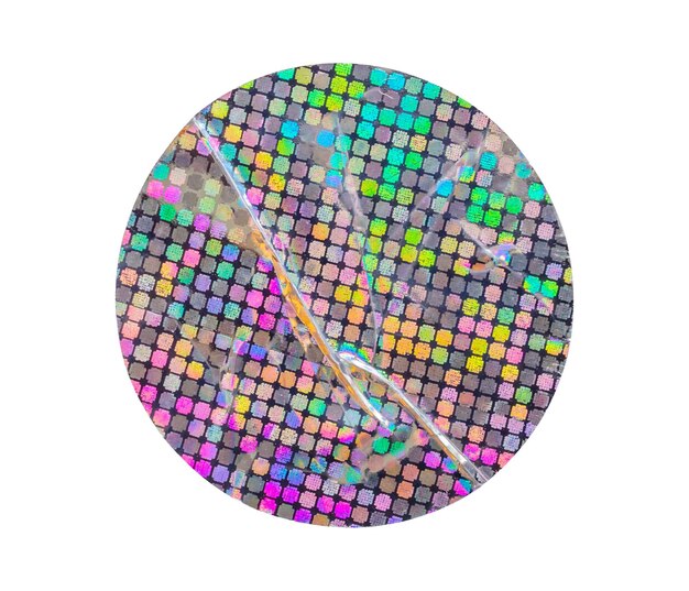 색 바탕에 고립된 빈 둥근 접착제 홀로그램 포일 스티커 라벨