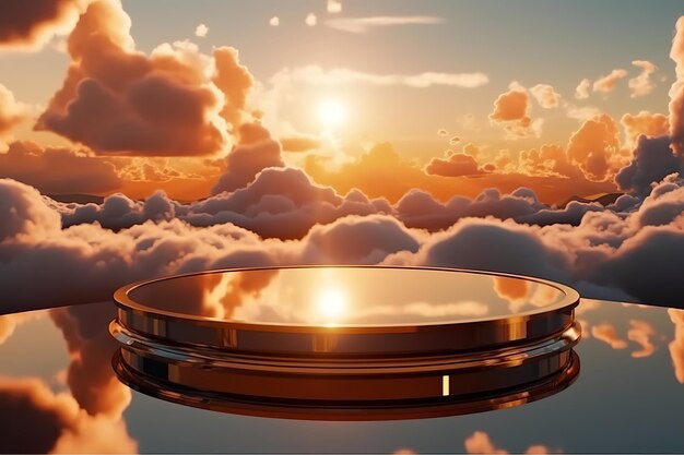 A blank round glass table graces a stunning sunset sky backdrop for product presentation