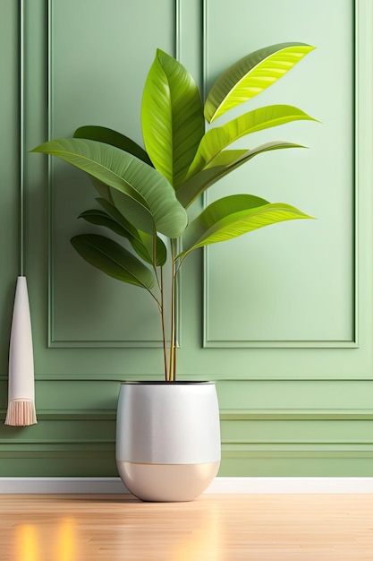 Blank sage green wall in house with green tropical tree in white modern design pot baseboard on woo