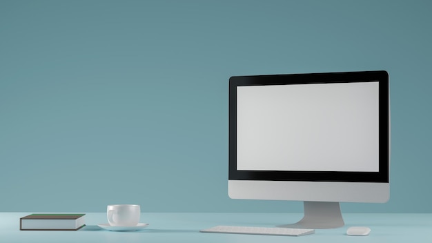 Blank scherm op de desktop computer met een kop koffie mockup 3D Rendering