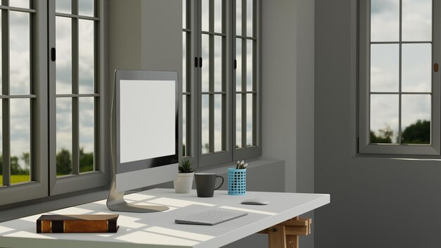 Blank screen desktop computer in a minimal office room with decorations and copy space 3d rendering