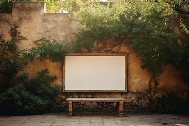 a blank screen is placed on a stone patio.